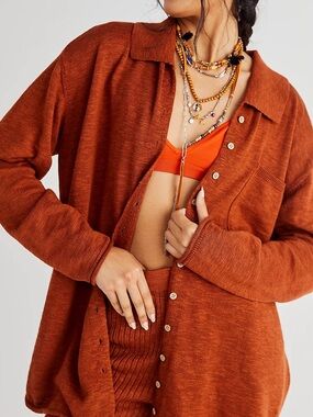 Free People Beach Zuma Oversized Button Down Shirt Mesa Rust Womens Size Medium